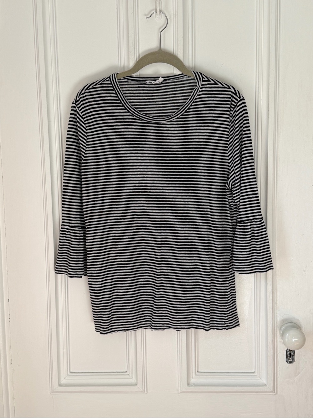Women’s Frame Denim 100% Linen Black/White Striped 3/4 Bell Sleeve Size Large